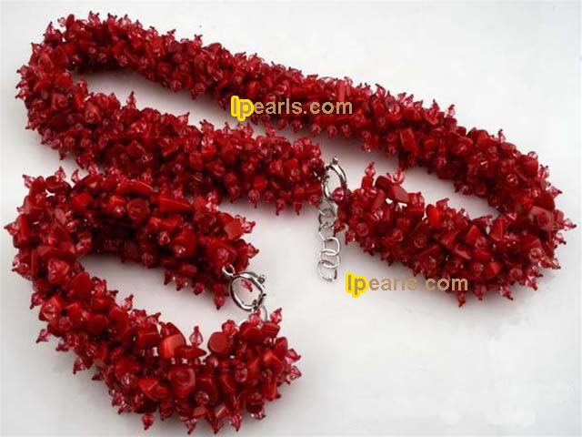 Red irregular branch coral &crystal neckalce bracelet set