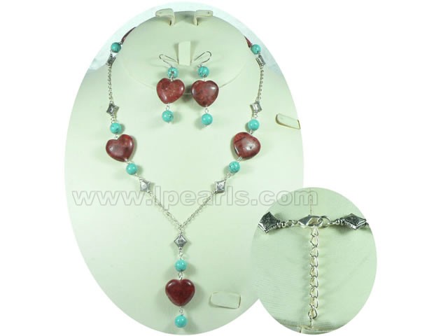 20mm heart shape red coral necklace and dangling earrings sets