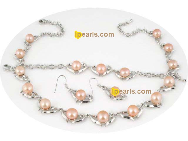 heart pattern necklace set with pink bread pearl