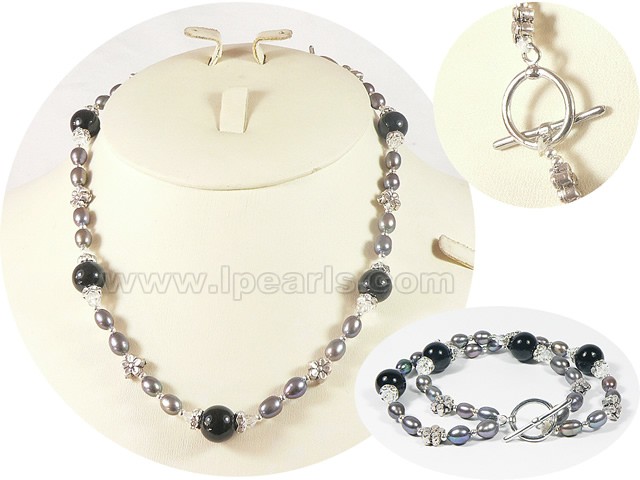 5-6mm peacock rice pearl jewelry sets with silver flower