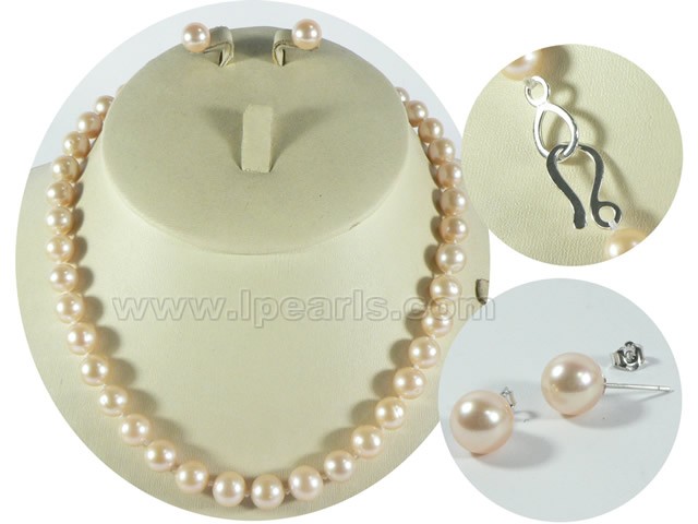 9-10mm pink round freshwater pearl necklace and earrings