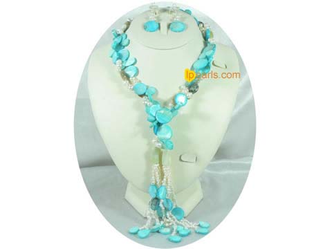 blue shell jewelry set with 6-7mm side-drilled pearl set