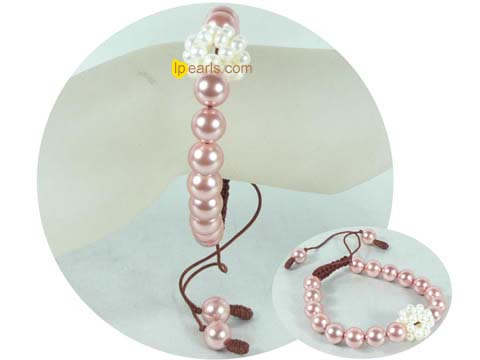10mm pink shell pearl adjustable knitted bracelet