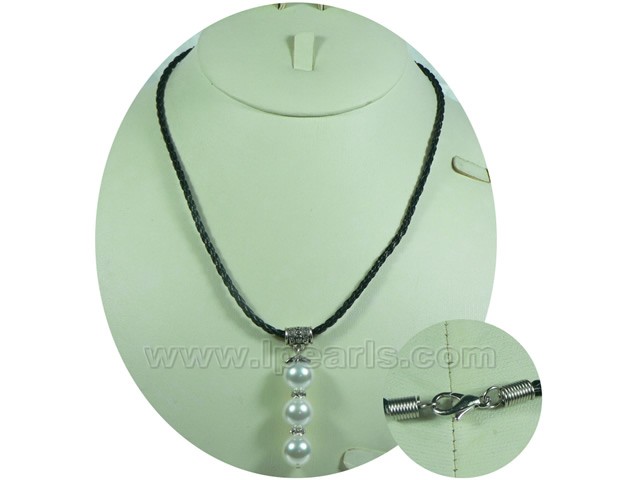 12mm white color round shell pearl black leather necklace