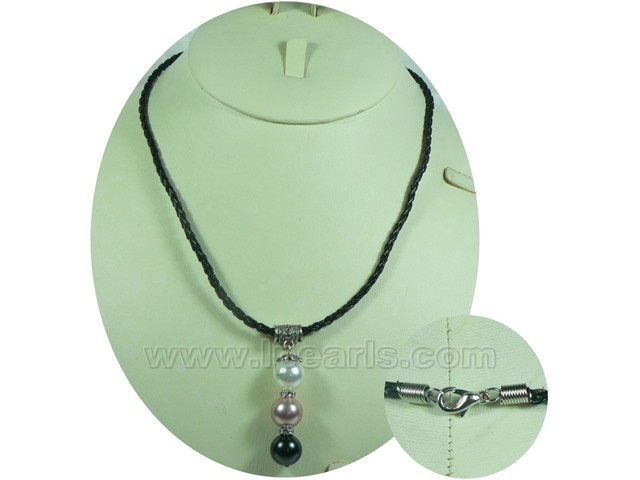 12mm multicolor round shell pearl black leather necklace