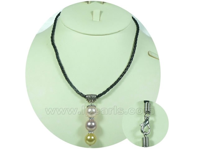 12mm pink, purple and champagne shell pearl black cord necklace