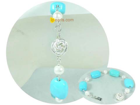blue turquoise bracelet with 7-8mm white potato pearls
