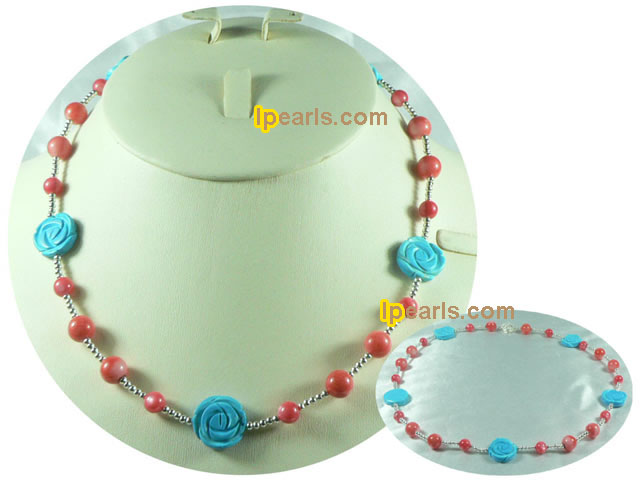 wholesale pink coral bead with flower turquoise necklace