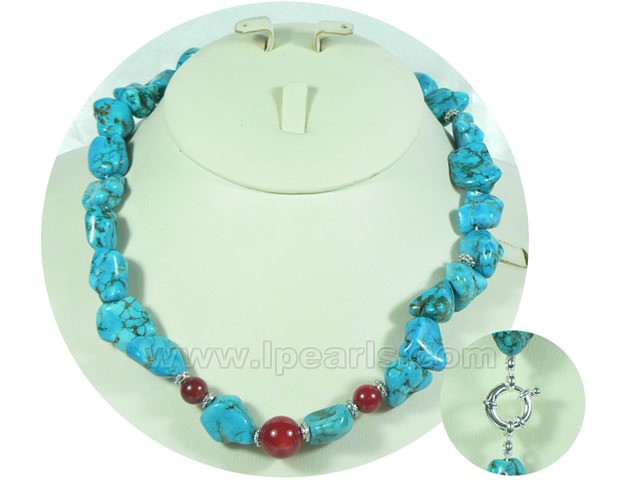 red coral beads and irregular blue turquoise necklace