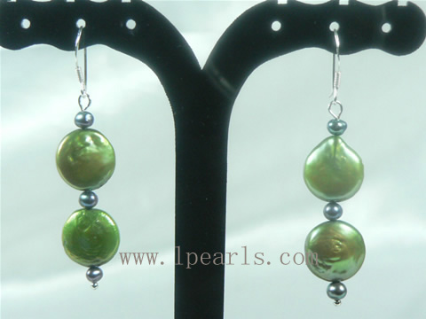 12mm green coin freshwater pearl sterling silver dangling earrin