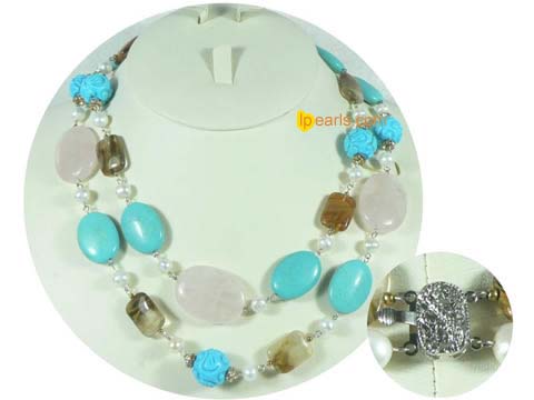 two strands jewelry Necklace made of turquoise,gemstones and fr